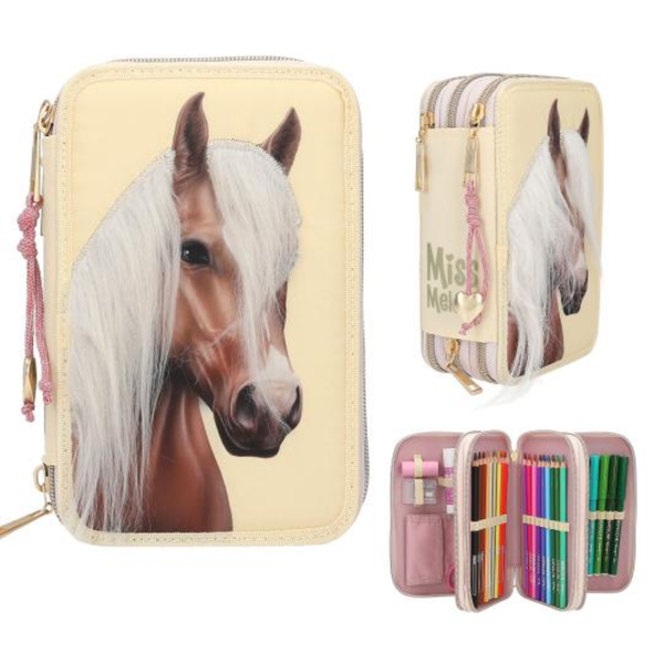 Miss Melody Triple Pencil Case With Horse Head Application