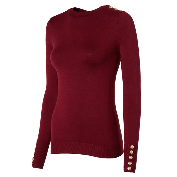 Holland Cooper Ladies Buttoned Knit Crew Neck - Wine