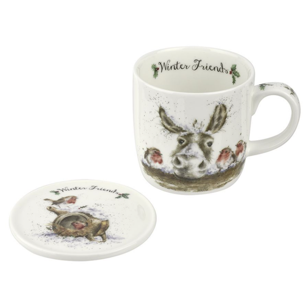 Wrendale Winter Friends Donkey and Robin Mug and Coaster Set
