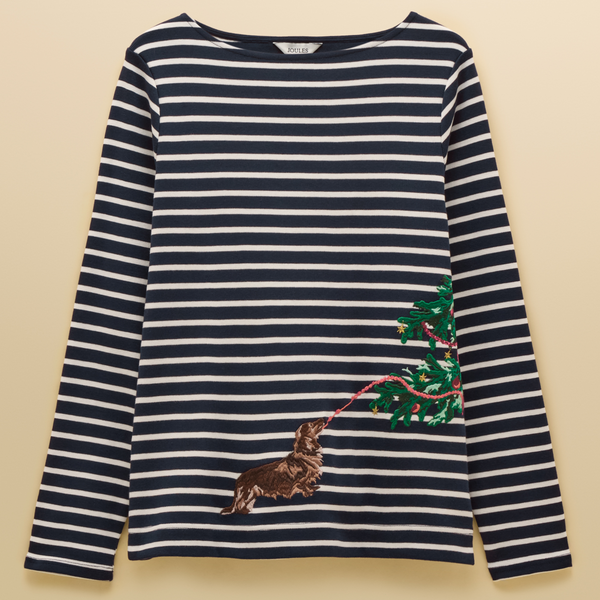 Joules Ladies Christmas Harbour Long Sleeved Top - Navy/White