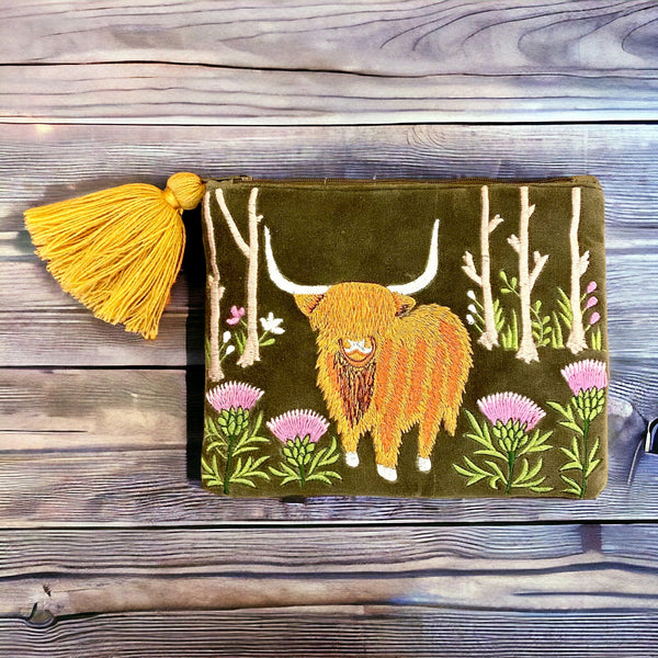 Velvet Bag - Highland Cow with Thistles
