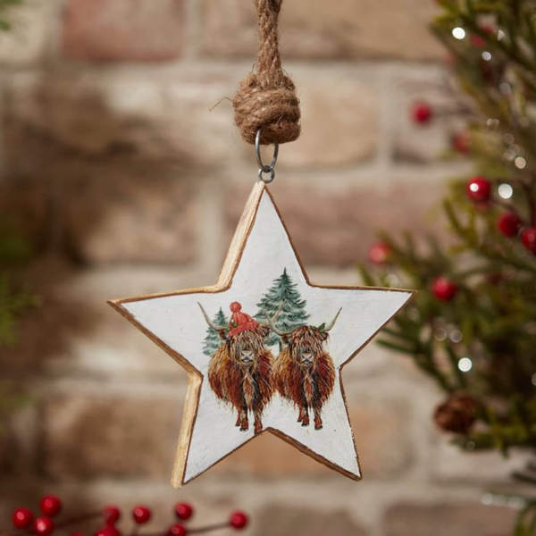 Langs Christmas Mango Wood Highland Cow Star White Hanger with Jute String