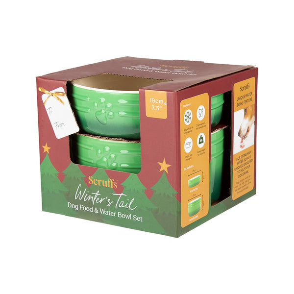 Scruffs Winters Tail Food & Drink Bowl Gift Set - Green