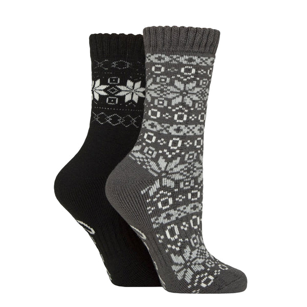 Jeep Ladies Brushed Thermal Fairisle Socks - Black/Charcoal