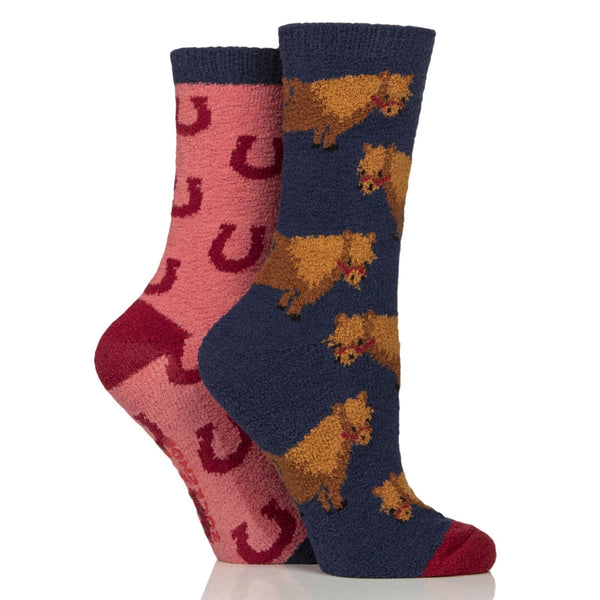 Wildfeet Ladies Fluffy Lounge Socks - Snacky Pony/Horseshoes