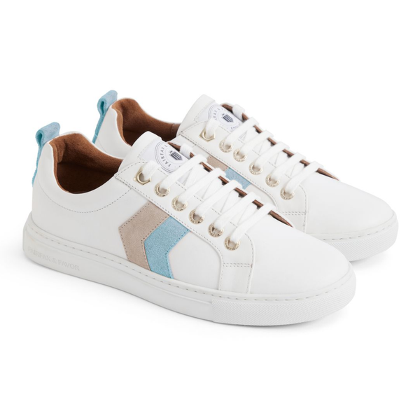 Fairfax and Favor Alexandra Trainer White Leather - Sky Blue/Stone