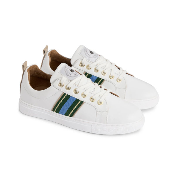 Fairfax and Favor Boston Trainer White Leather - Clover Green/Sky Blue