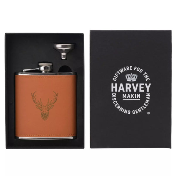Harvey Makin Stag Hip Flask With Funnel - 6oz Brown