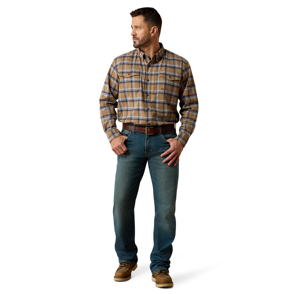 Ariat Mens Rebar Flannel DuraStretch Work Shirt - Field Khaki