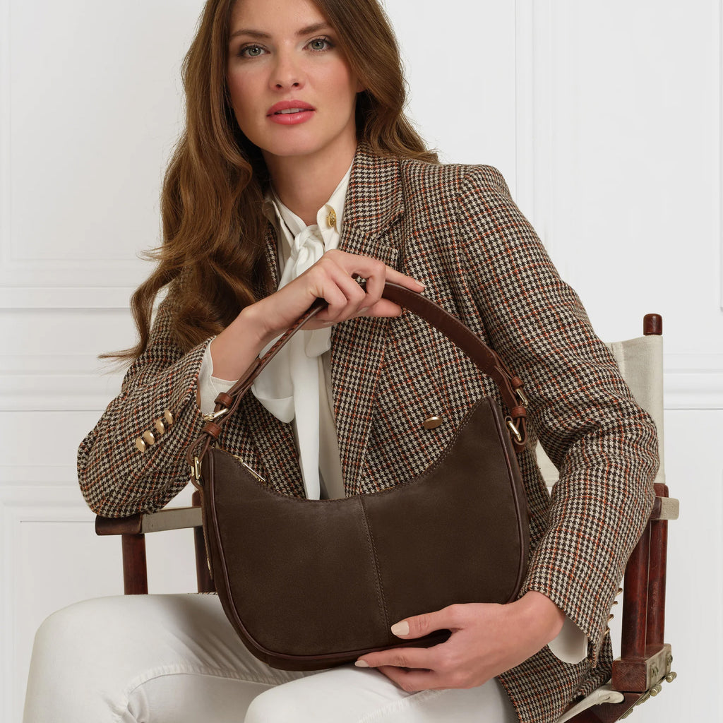 Fairfax and Favor Tetbury Crescent Handbag - Chocolate Suede