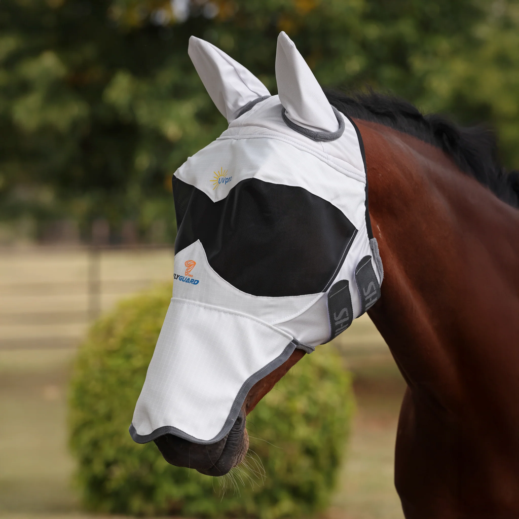 FlyGuard Pro Sun Shade Fly Mask with Ears and Nose - White