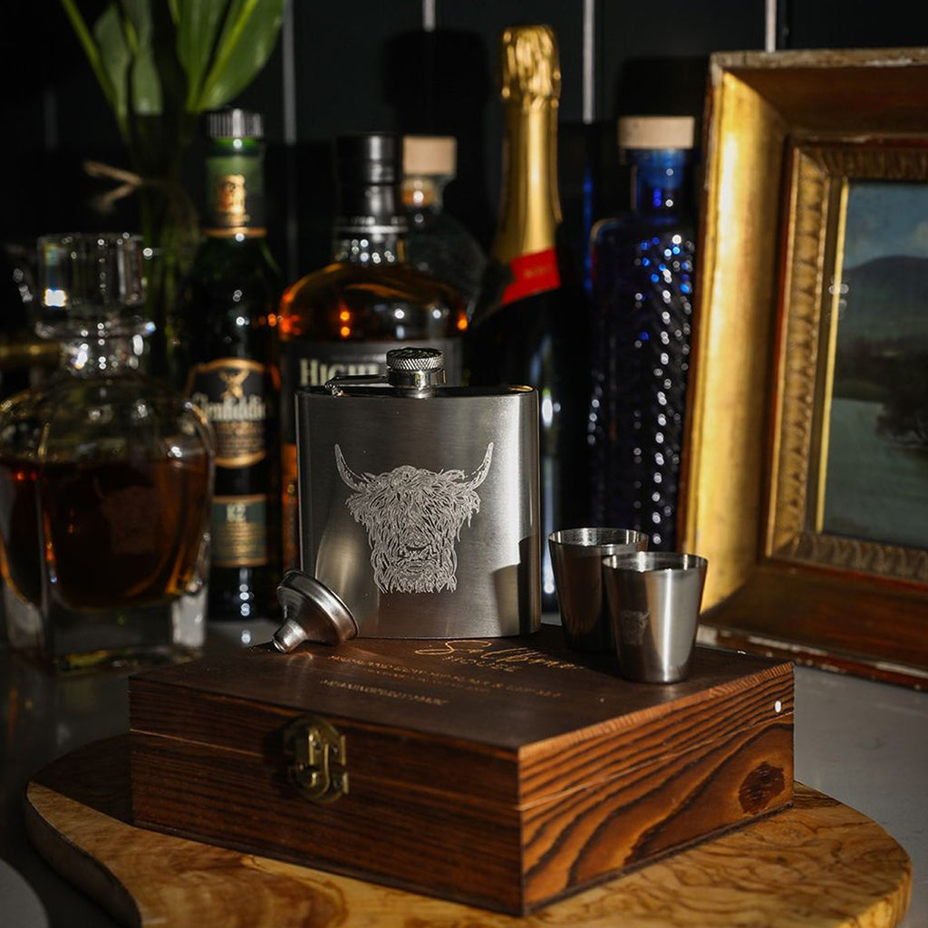 Selbrae House Highland Cow Hip Flask and Cup Set