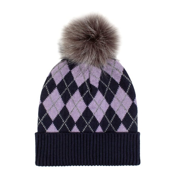 Junior Lena Argyle Knitted Pom Hat - Navy