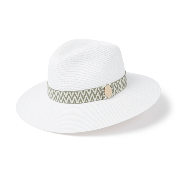 Hicks and Brown The Hemley Fedora Khaki Aztec Ribbon - White