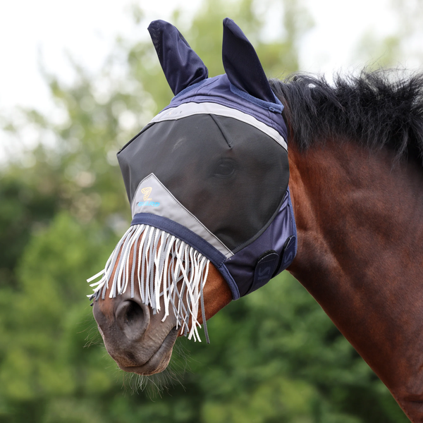 FlyGuard Pro Fine Mesh Fly Mask with Ears and Nose Fringe - Navy