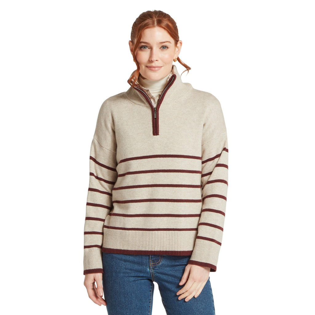 Schoffel Ladies Sandsend 1/4 Zip Jumper - Oatmeal/Port