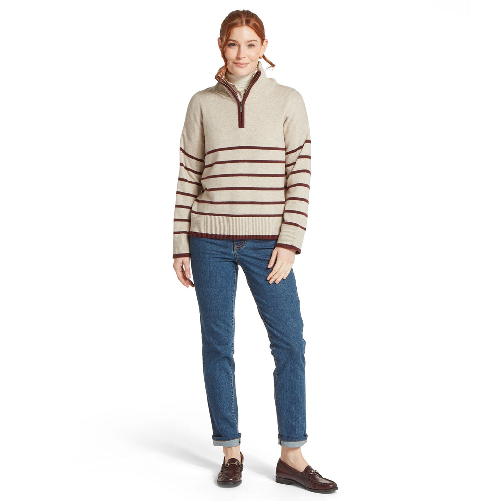 Schoffel Ladies Sandsend 1/4 Zip Jumper - Oatmeal/Port