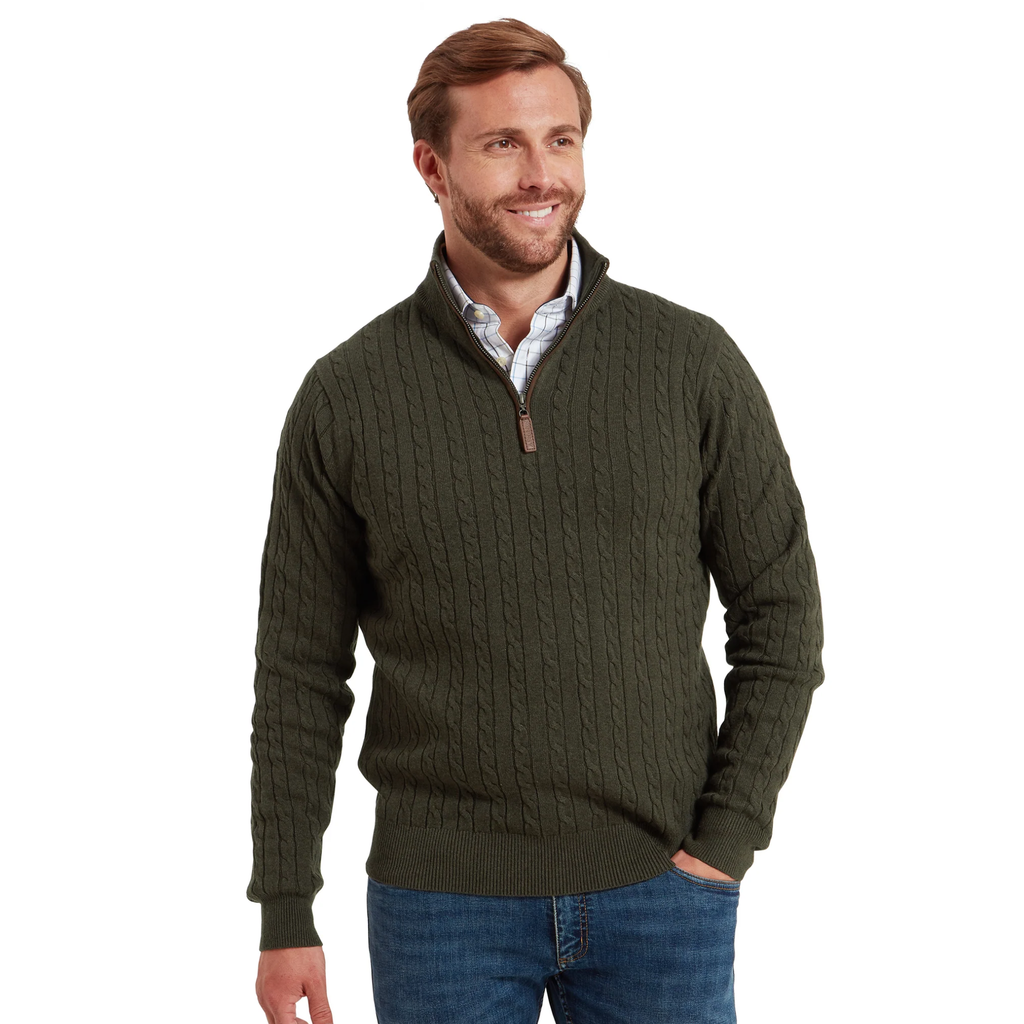Schoffel Mens Calton Cotton Cashmere Cable 1/4 Zip Jumper - Loden Green
