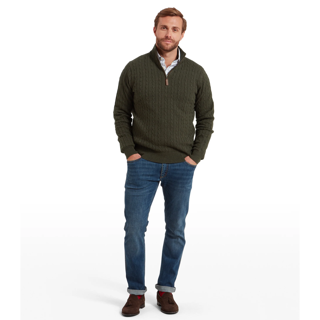 Schoffel Mens Calton Cotton Cashmere Cable 1/4 Zip Jumper - Loden Green