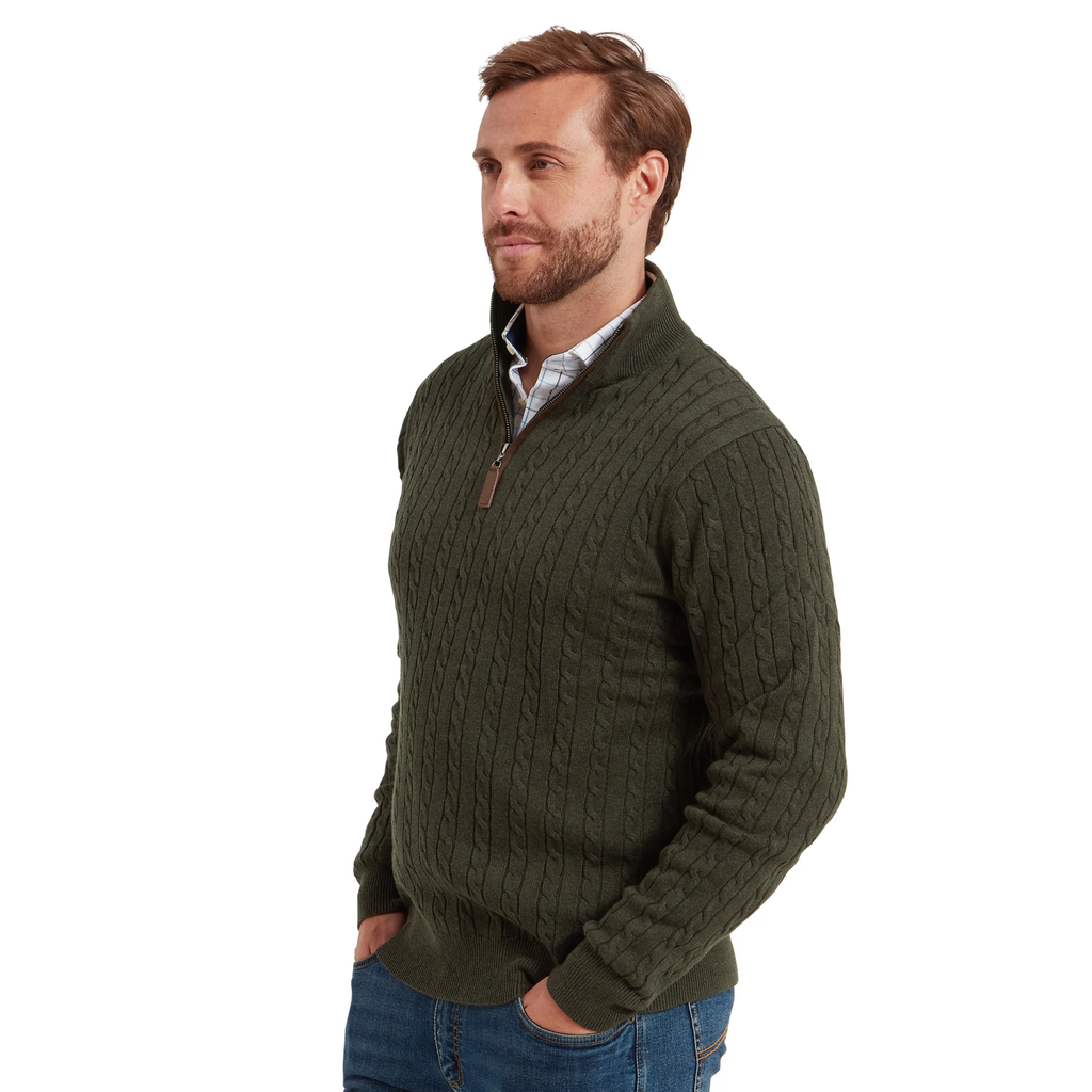 Schoffel Mens Calton Cotton Cashmere Cable 1/4 Zip Jumper - Loden Green