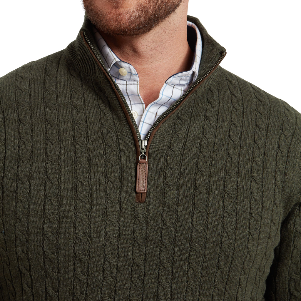 Schoffel Mens Calton Cotton Cashmere Cable 1/4 Zip Jumper - Loden Green
