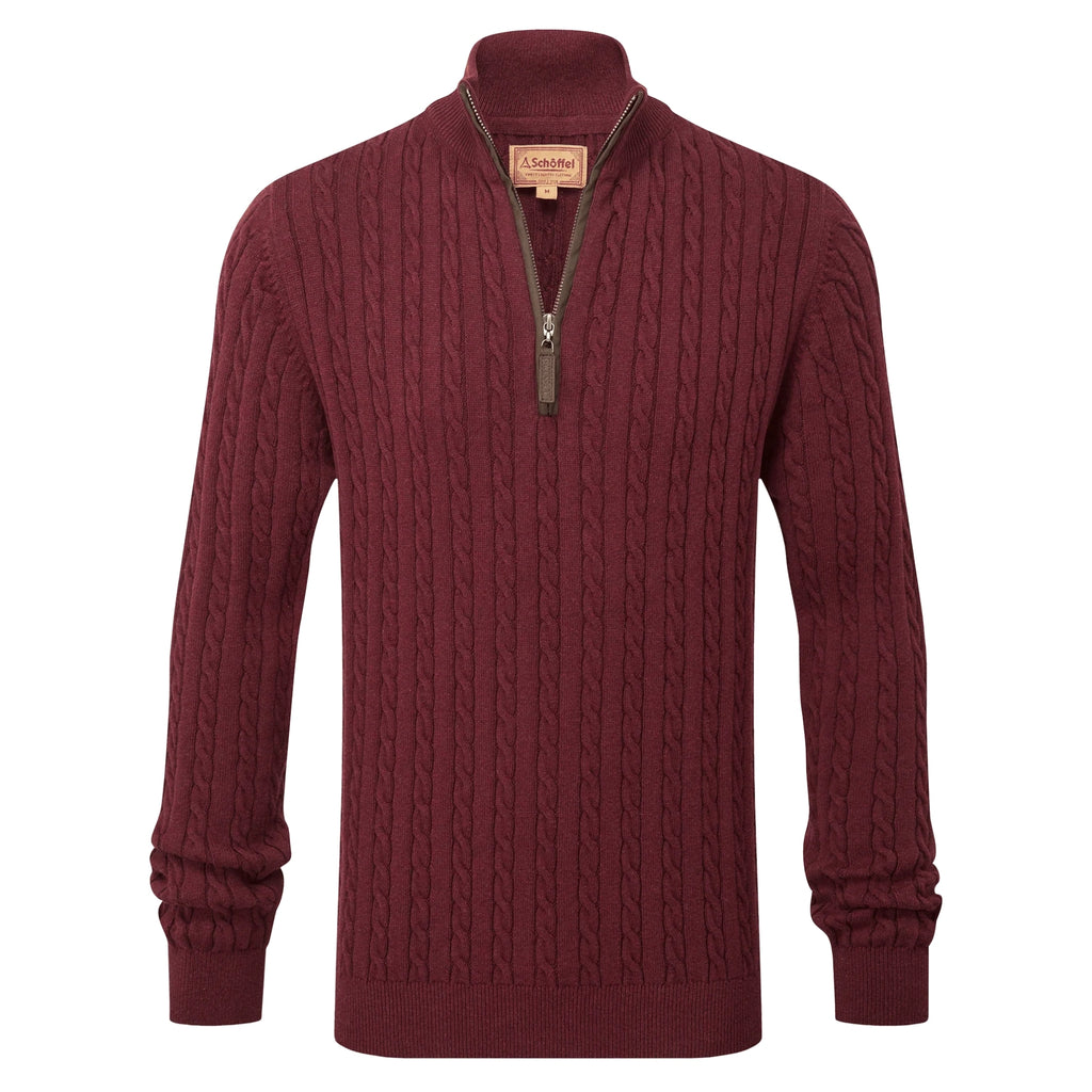Schoffel Mens Calton Cotton Cashmere Cable 1/4 Zip Jumper - Burgundy