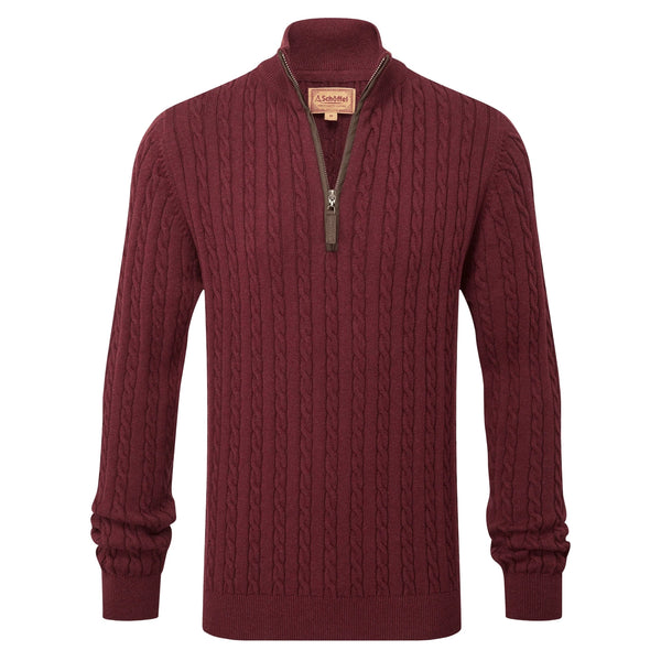 Schoffel Mens Calton Cotton Cashmere Cable 1/4 Zip Jumper - Burgundy