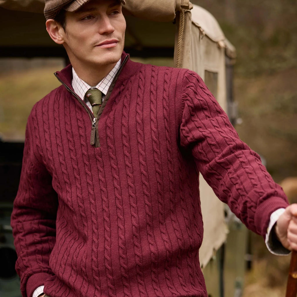 Schoffel Mens Calton Cotton Cashmere Cable 1/4 Zip Jumper - Burgundy