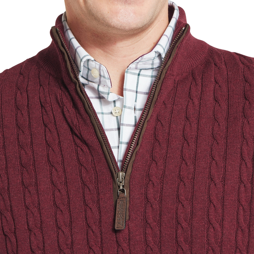 Schoffel Mens Calton Cotton Cashmere Cable 1/4 Zip Jumper - Burgundy