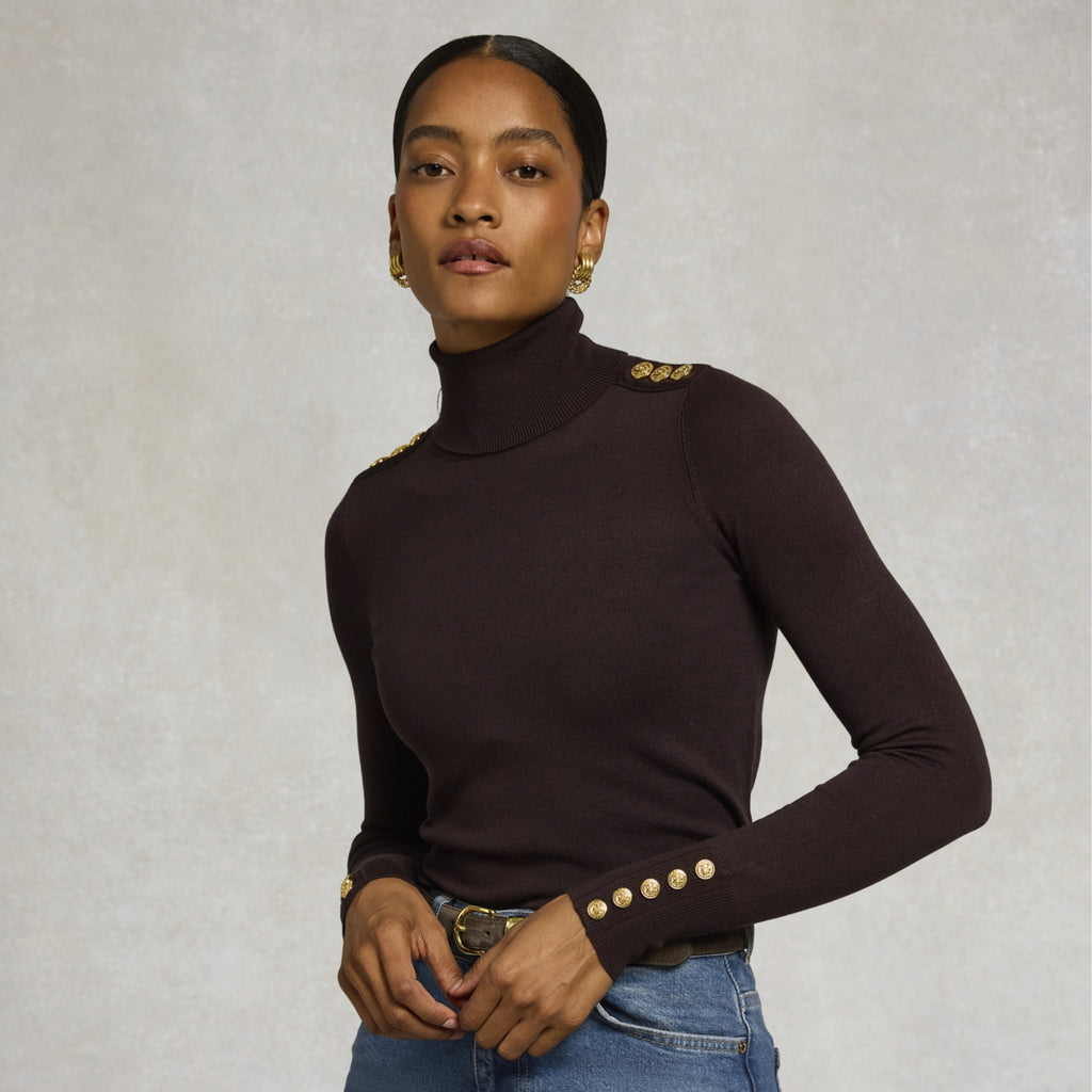 Holland Cooper Ladies Buttoned Knit Roll Neck - Chocolate