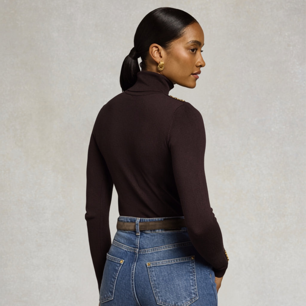 Holland Cooper Ladies Buttoned Knit Roll Neck - Chocolate