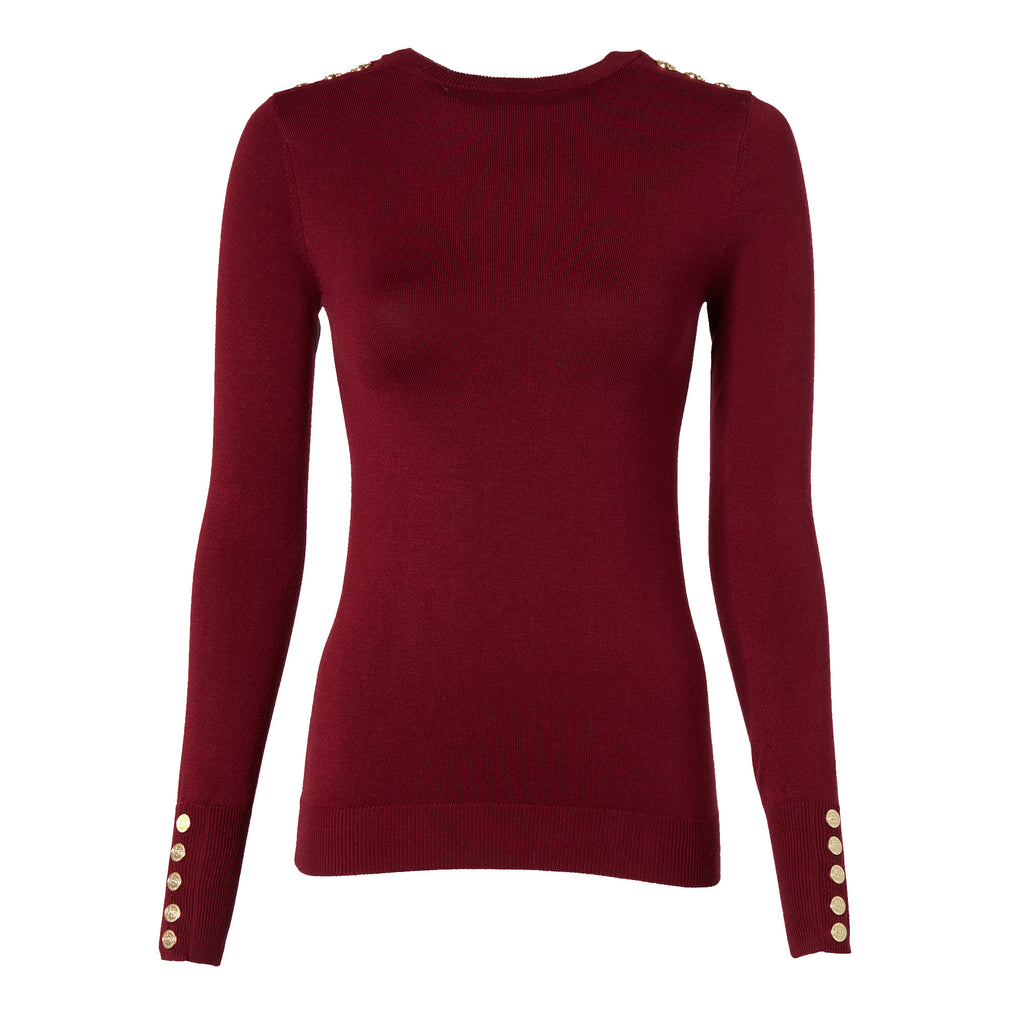 Holland Cooper Ladies Buttoned Knit Crew Neck - Wine