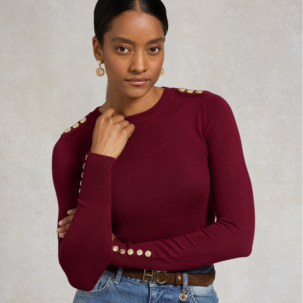 Holland Cooper Ladies Buttoned Knit Crew Neck - Wine