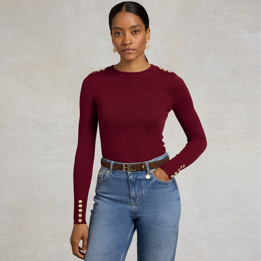 Holland Cooper Ladies Buttoned Knit Crew Neck - Wine