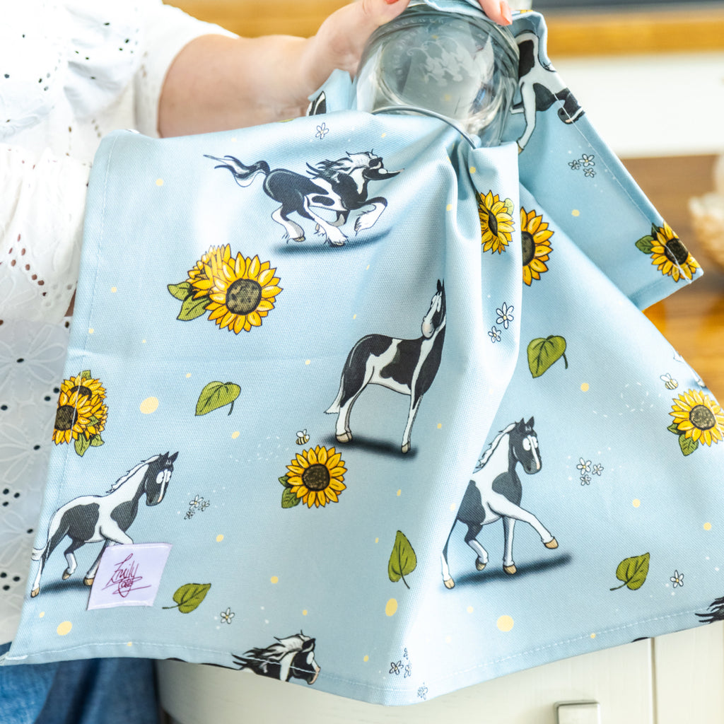 Emily Cole Piebald Horse & Sunflowers Tea Towel