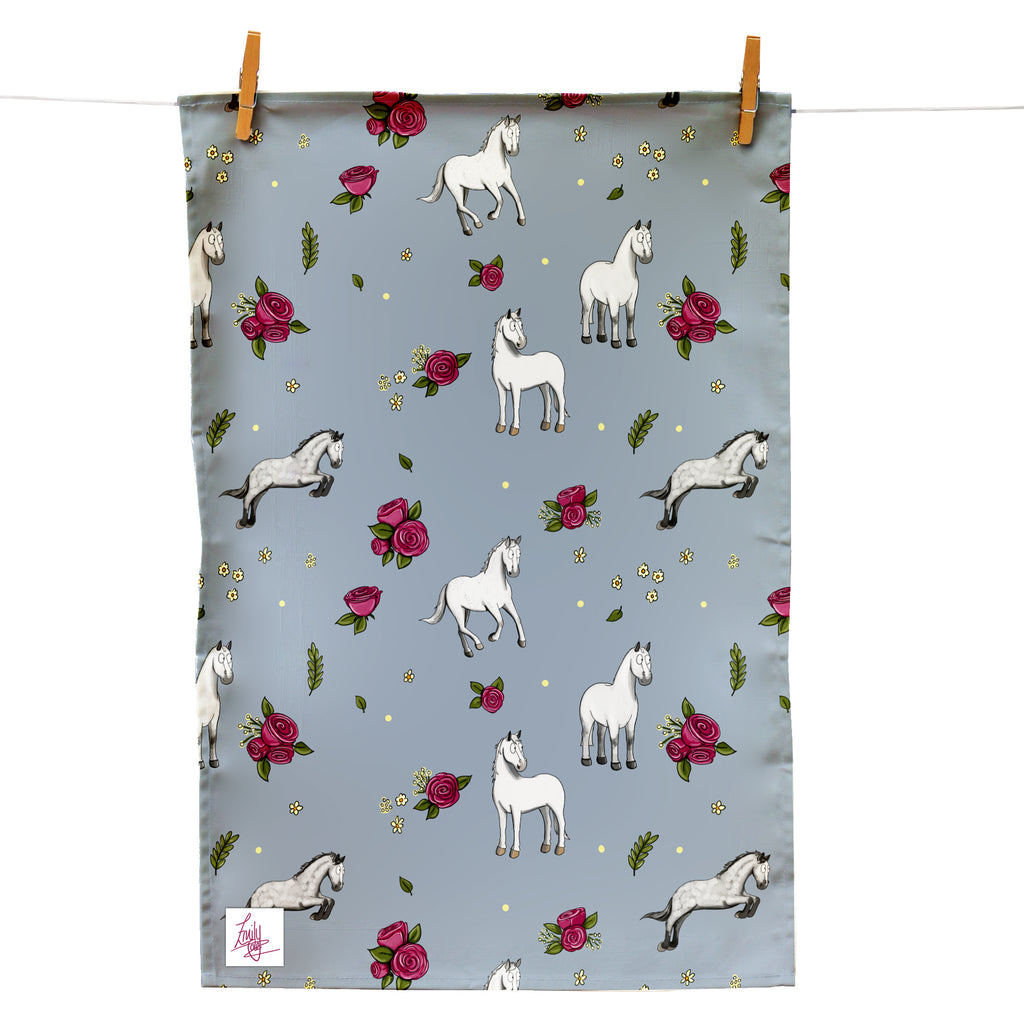 Emily Cole Grey Horse & Roses Tea Towel
