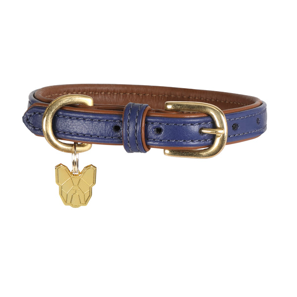 Digby and Fox Padded Leather Dog Collar -Navy