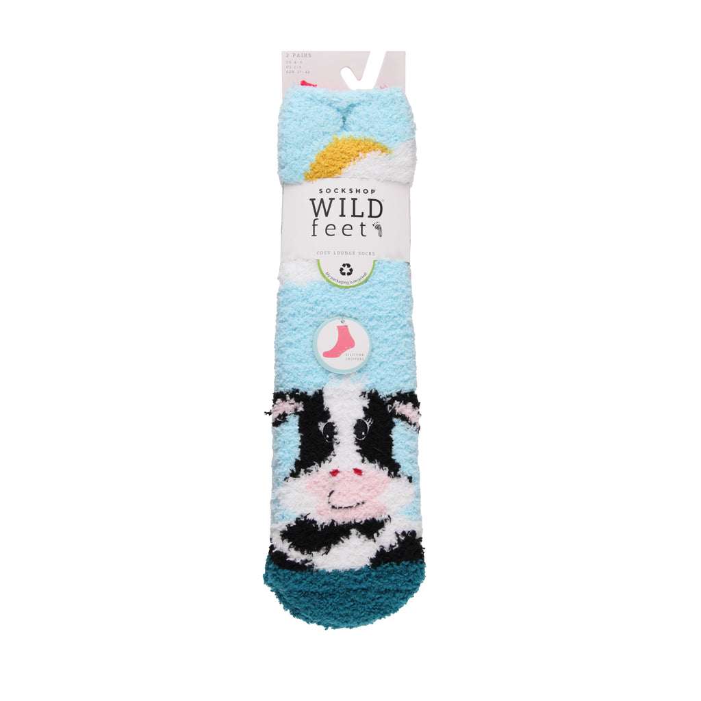Wild Feet Ladies Cosy Lounge Socks 2PK  - Cow