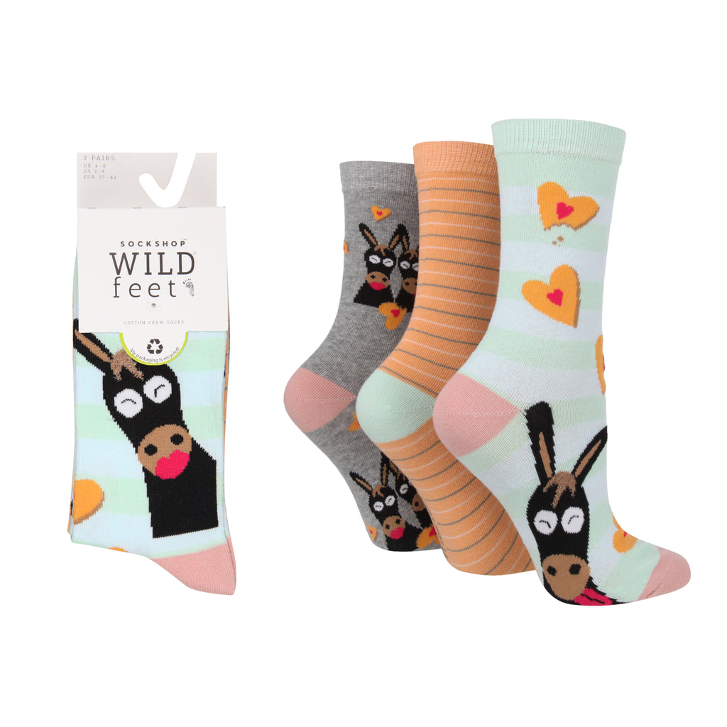 Wild Feet Ladies Cotton Crew Socks - Darling Donkey Dodgers