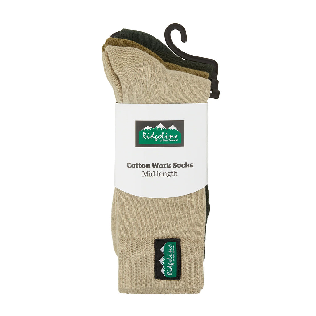 Ridgeline Cotton Work Socks Mid Length - Olive Multi