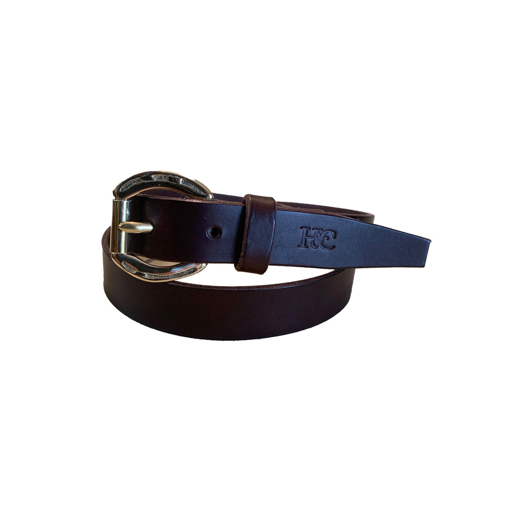 Hide and Collar Leather Belt Nickel Horse Buckle Slim - Brown