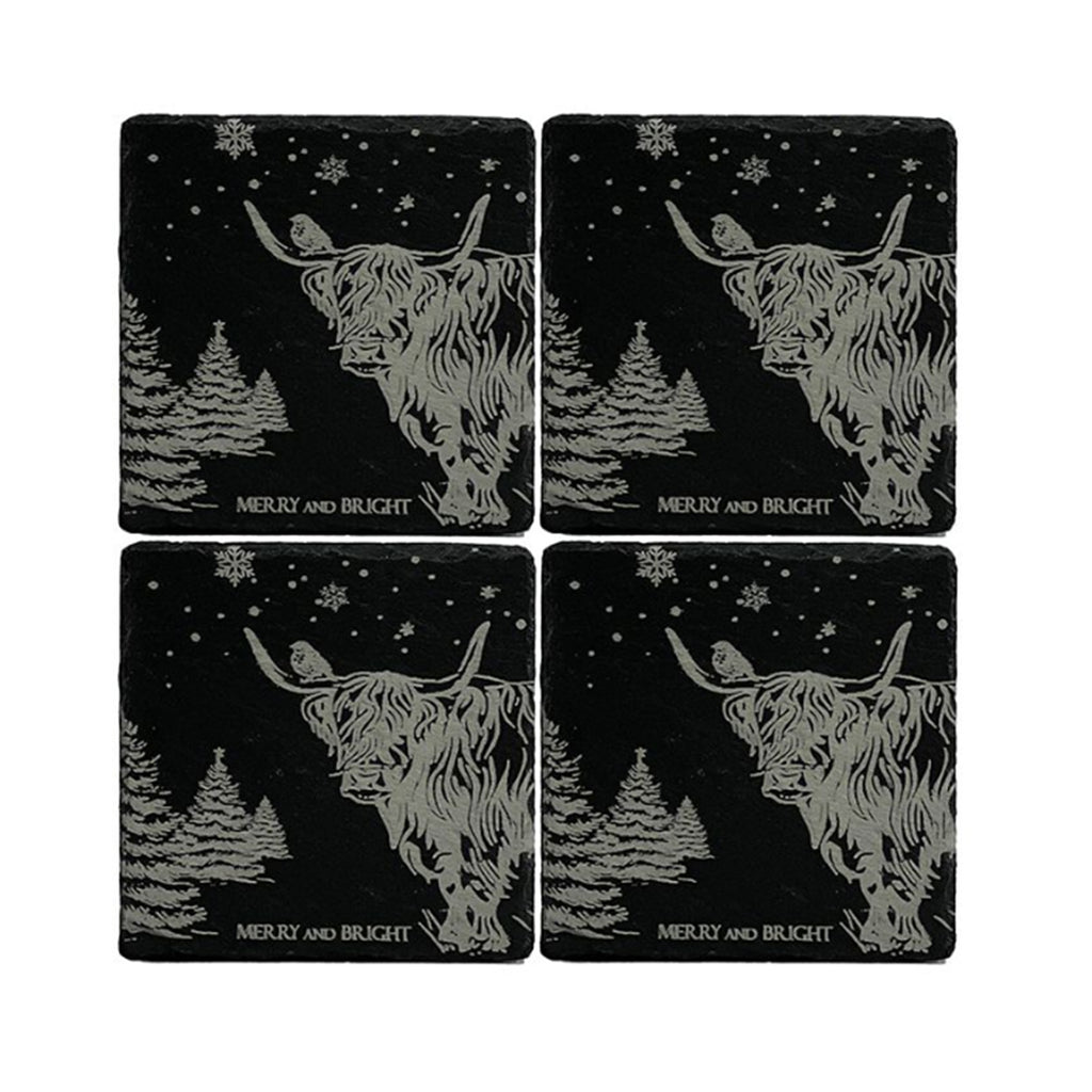 Selbrae House 4 Slate Coasters - Christmas Highland Cow