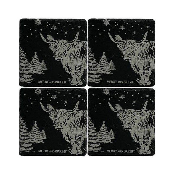 Selbrae House 4 Slate Coasters - Christmas Highland Cow
