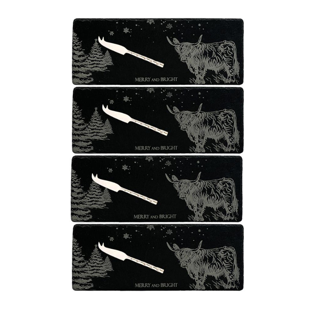Selbrae House 4 Mini Slate Cheese Board and Knife Sets - Christmas Highland