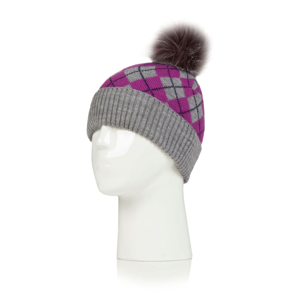 Ladies Norden Argyle Knitted Pom Hat - Grey