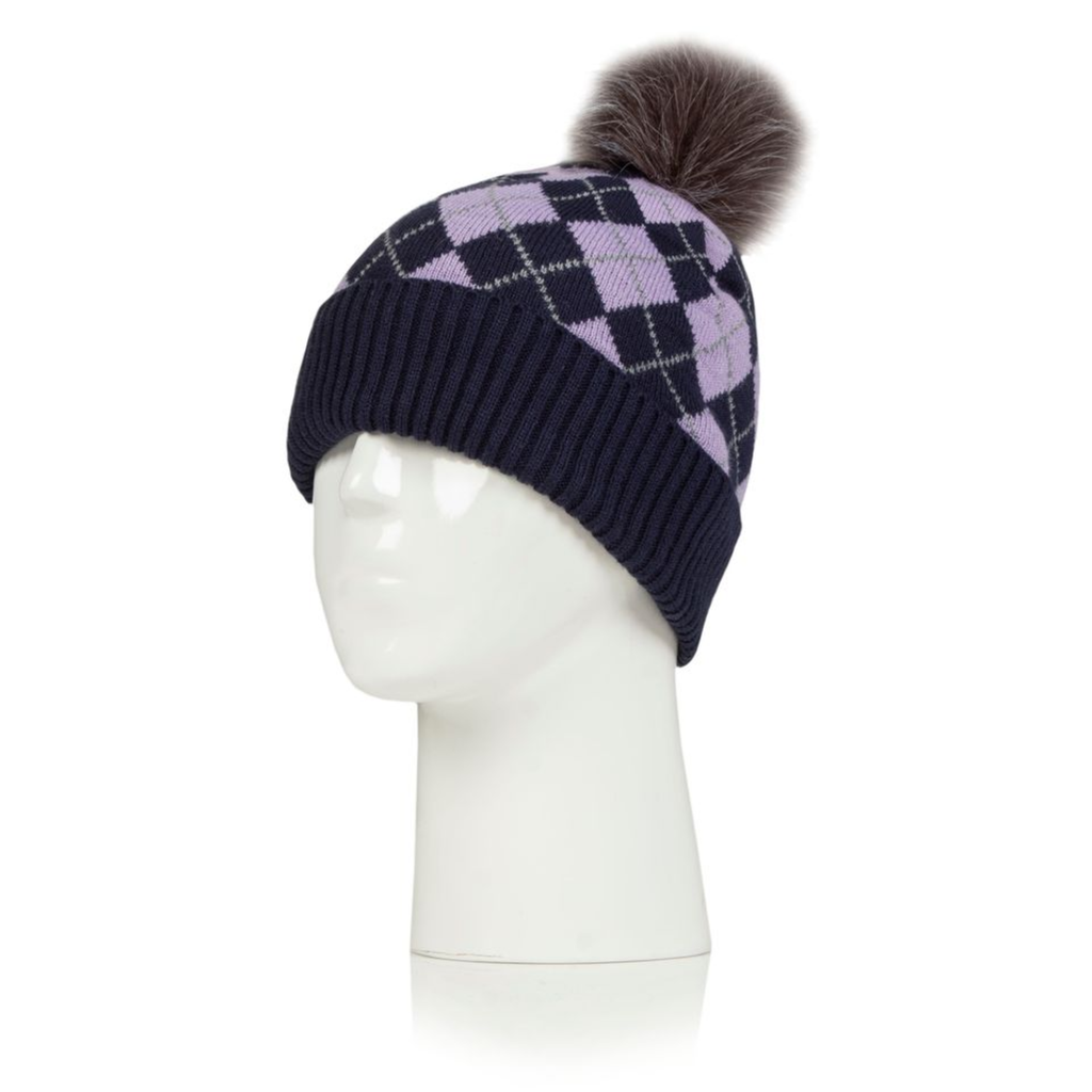 Junior Lena Argyle Knitted Pom Hat - Navy