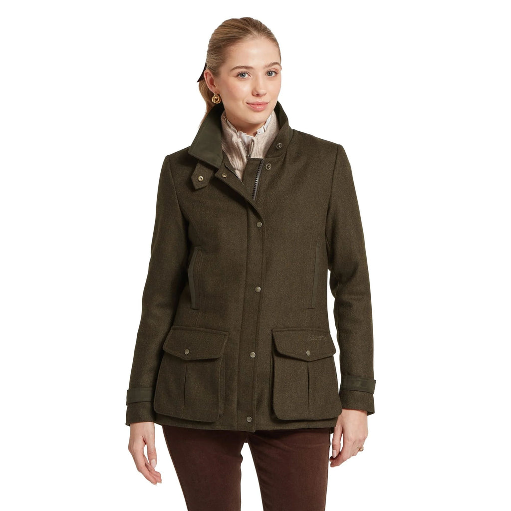 Schoffel Ladies Murra Tweed Coat - Dark Loden Herringbone Tweed