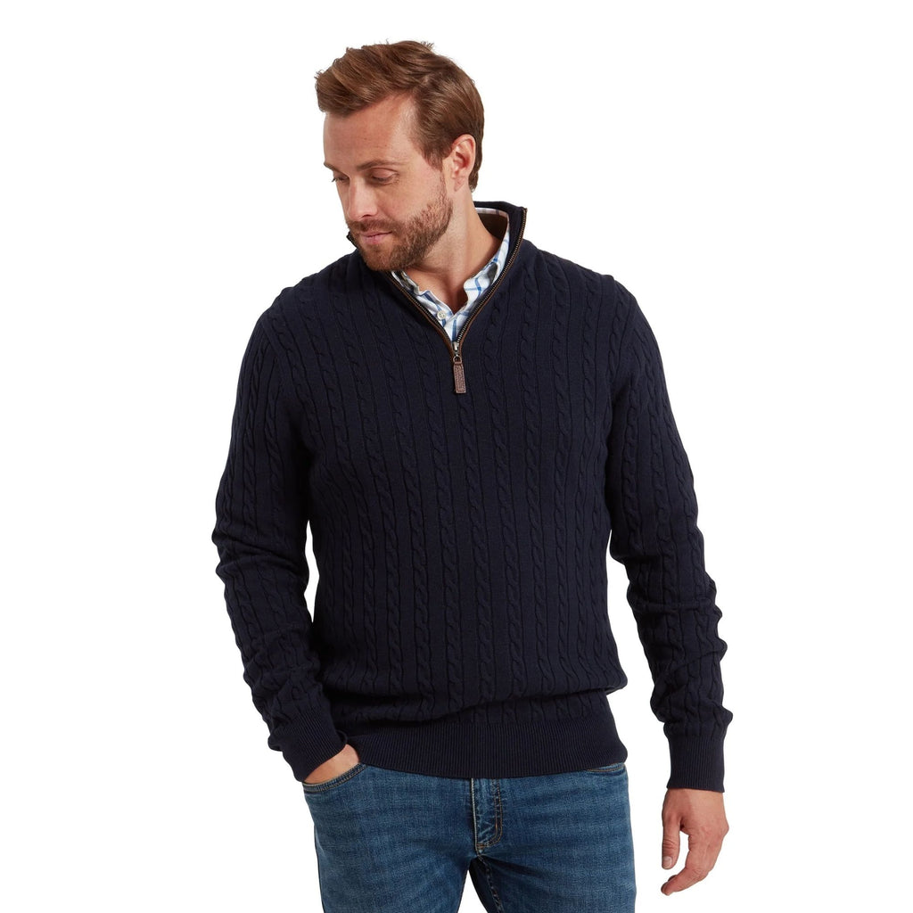 Schoffel Mens Calton Cotton Cashmere Cable 1/4 Zip Jumper - Navy