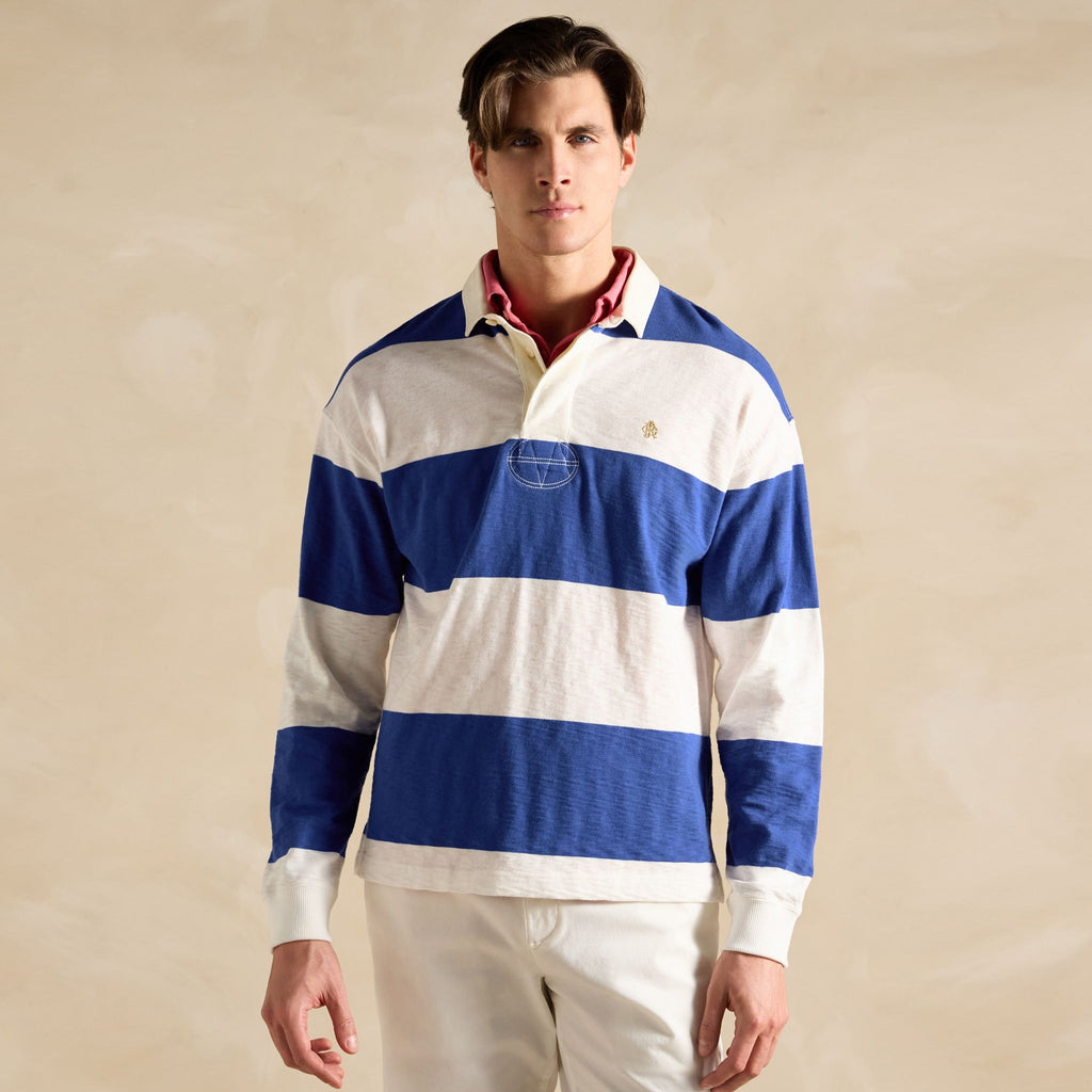 Joules Mens Slub Rugby Top - Cream/Blue