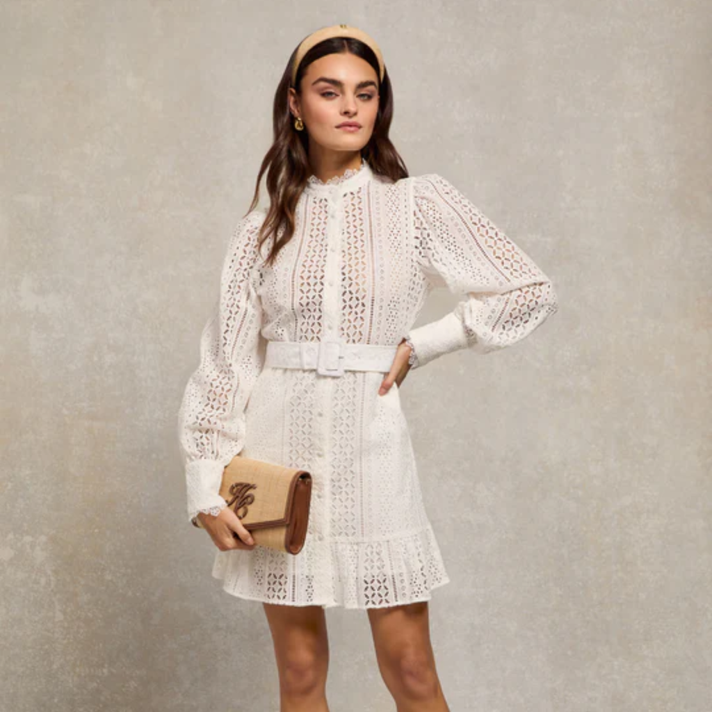 Holland Cooper Collarless Broderie Mini Dress - White
